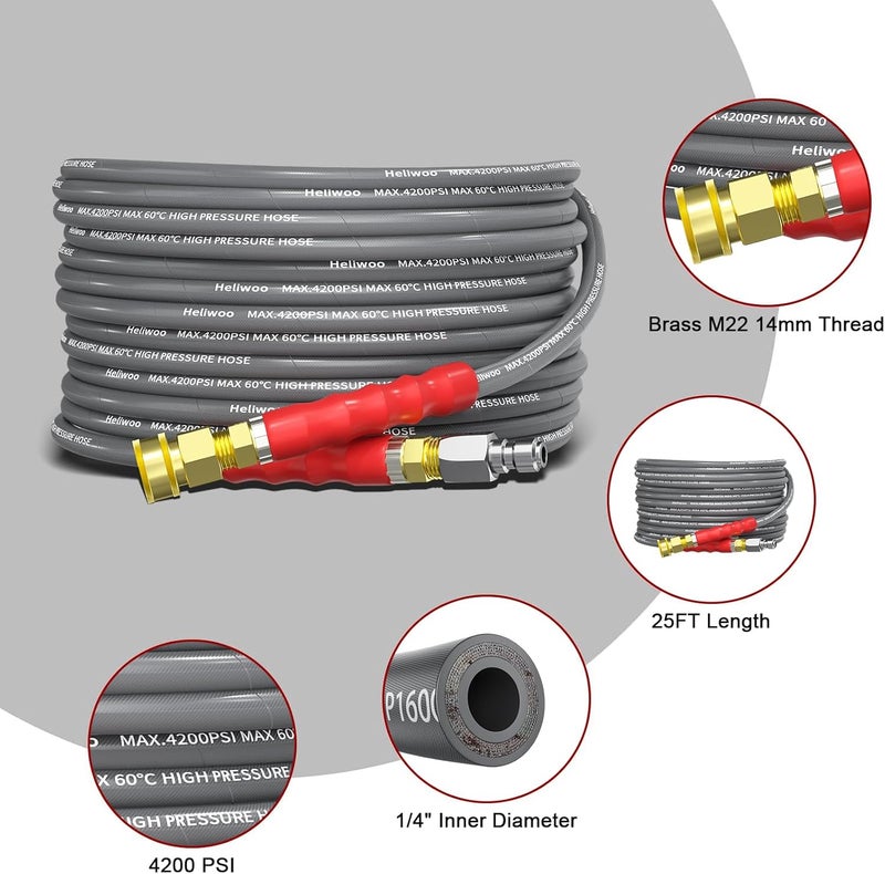 Heliwoo Pressure Washer Hose 25FT, 4200PSI High Tensile Wire Braid Kink Resistant Power Washer Extension Hose, 1/4'' Flexible Replacement Hose with M22-14mm Brass Swivel Thread and 3/8 Quick Connect - Image 4